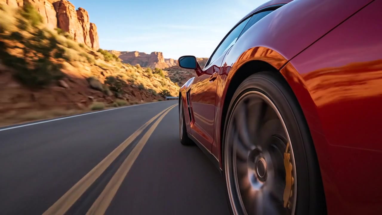 Primo piano della ruota di un'auto sportiva su strada aperta