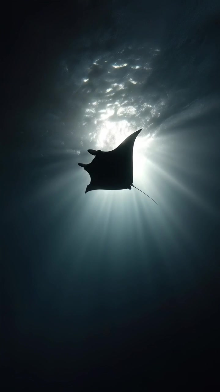 Raia Manta Nadando Debaixo d'Água Contra a Superfície Iluminada pelo Sol