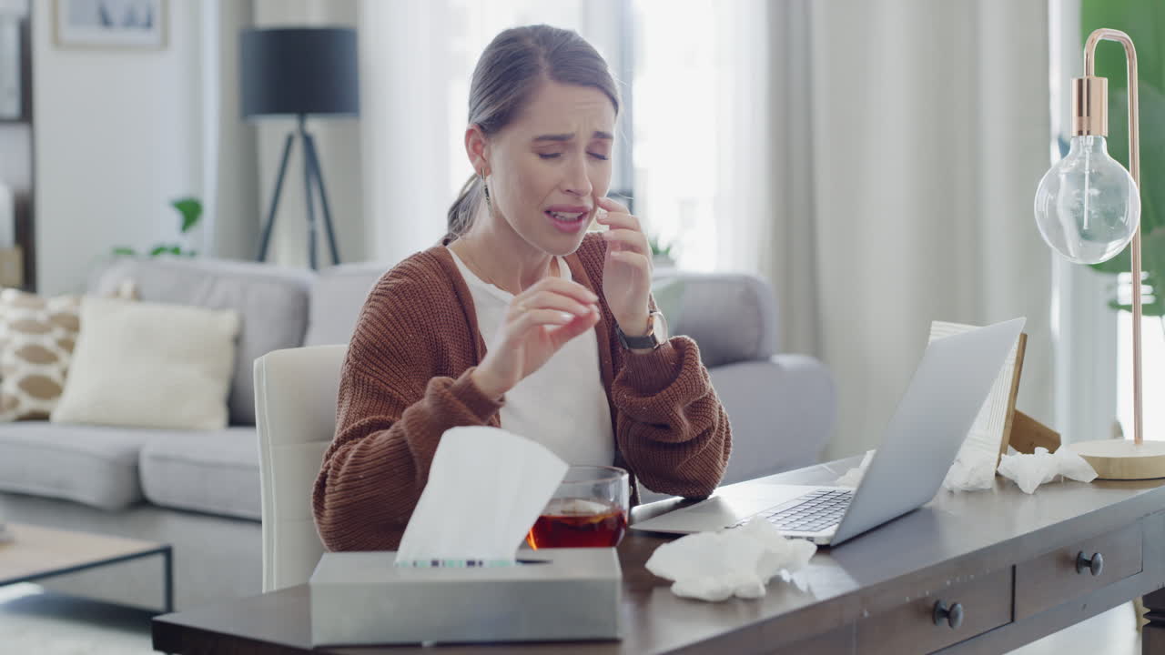 가정 사무실에서 감기 증상을 경험하는 여성