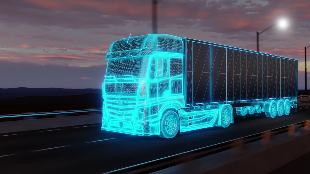 Futuristic truck riding on road with railings. Loop animation