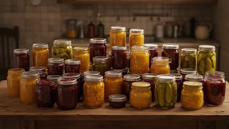 a vibrant display of home-canned preserves showcasing an array of colors and flavors on a rustic wooden table in a cozy kitchen environment
