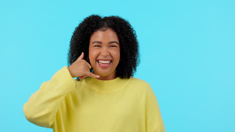 Woman,-portrait-and-hand-sign-for-phone-call