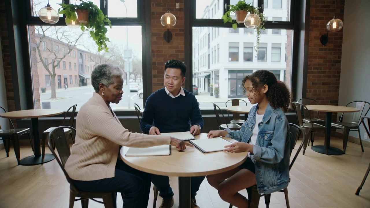 Åpner menyer, tre familiemedlemmer skanner menyer på kafé, eldre person i beige genser bestemmer seg for hva de skal bestille.