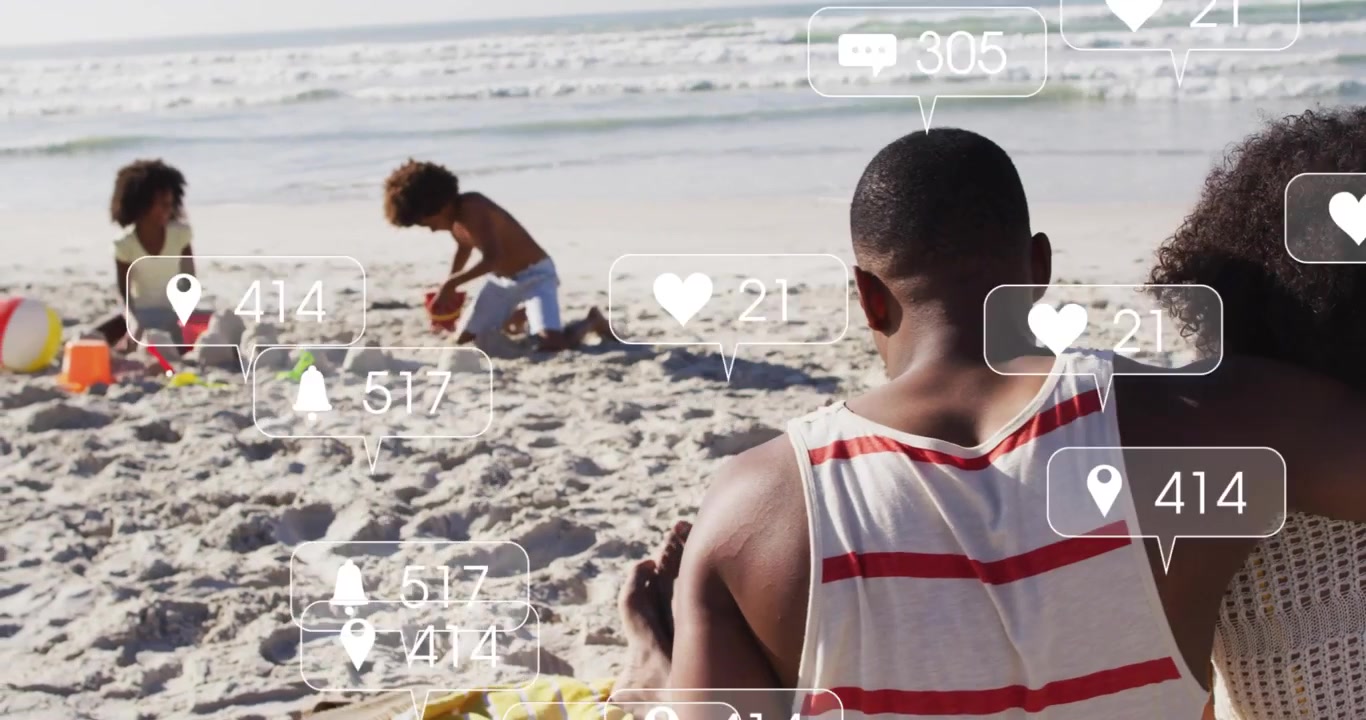Man watching kids playing on beach, AR icons appearing, obscuring scene, highlighting marketing