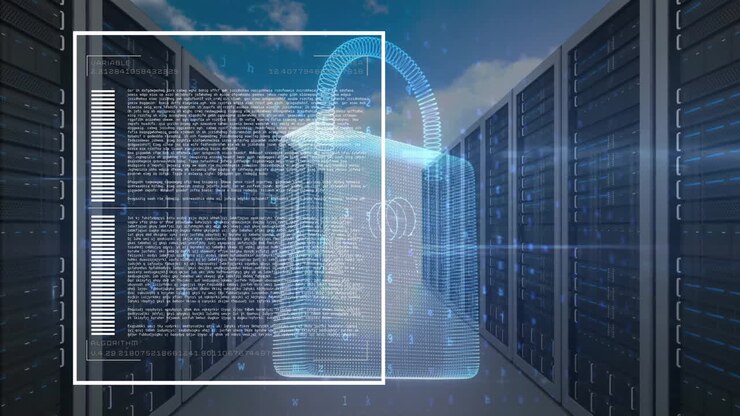 Animation of data processing and padlock over server room