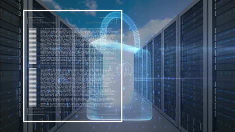 Animation-of-data-processing-and-padlock-over-server-room