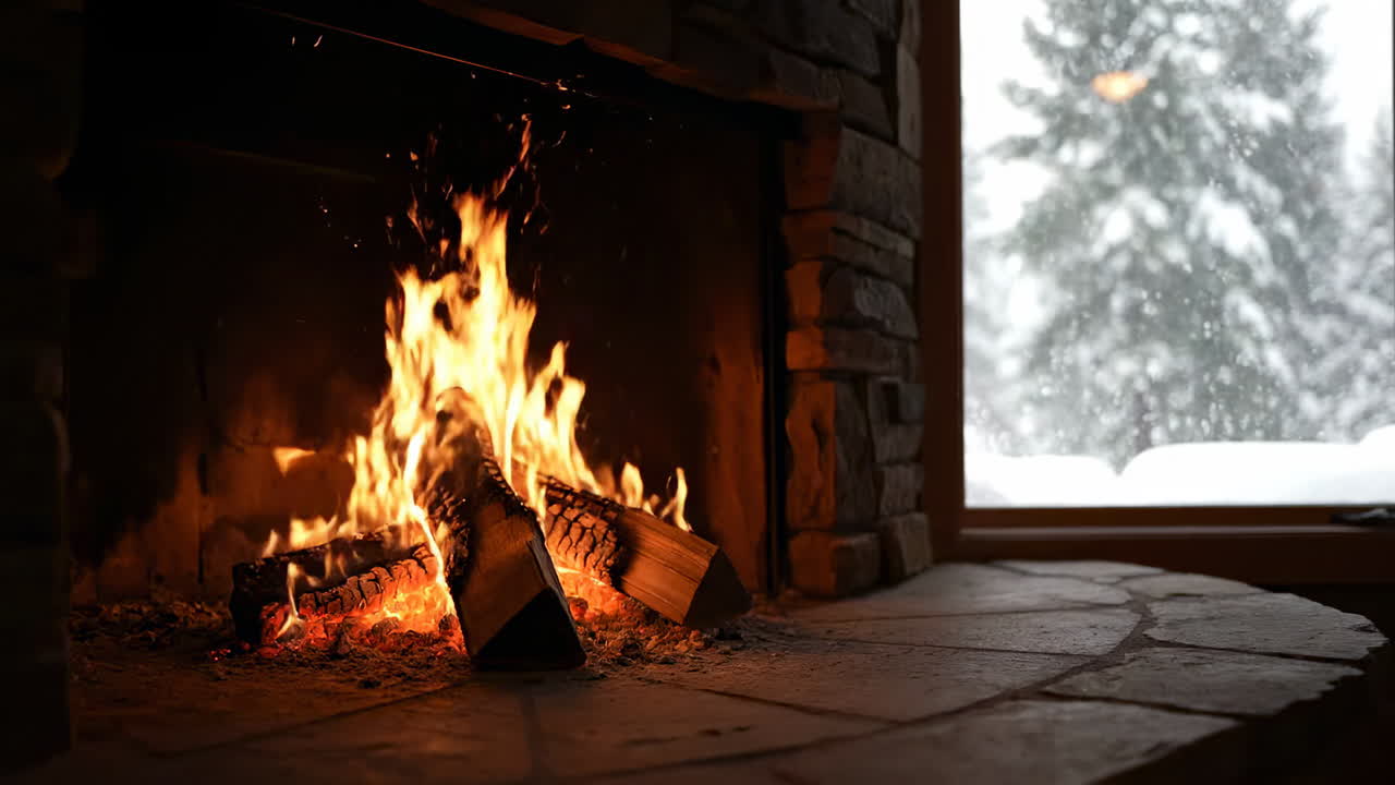 Cozy fireplace with a winter snow view. Warm flames dance in the fireplace while snow falls outside the cozy cabin window, creating a peaceful winter scene