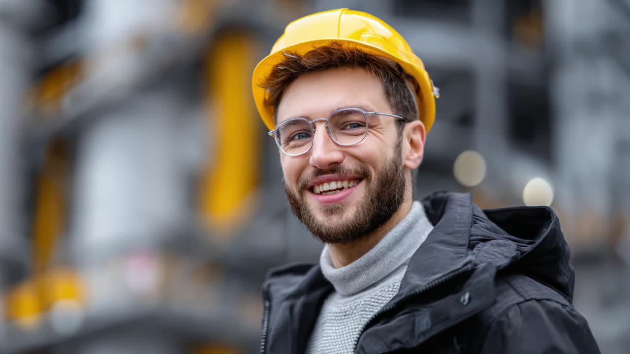 A Smiling Construction Worker in Safety Gear: Showcasing Dedication and Positivity in the Workplace Environment with a Bright Yellow Hard Hat and Modern Attire