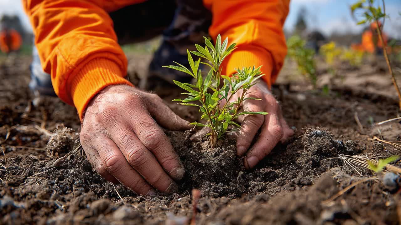 Mani che piantano una giovane piantina nella terra in uno sforzo di riforestazione, a dimostrazione dell'importanza della conservazione ambientale e della cura per la natura