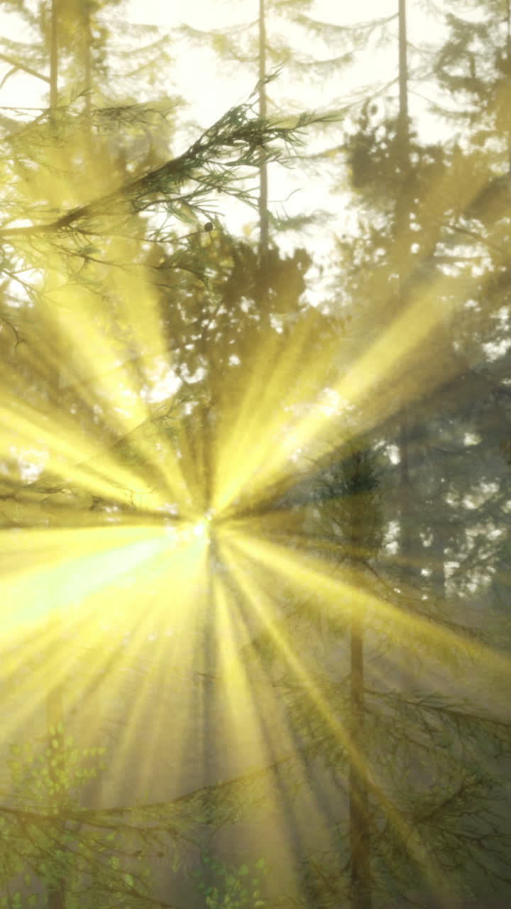 Sonnenstrahlen tanzen durch die Bäume in einer friedlichen Waldszene