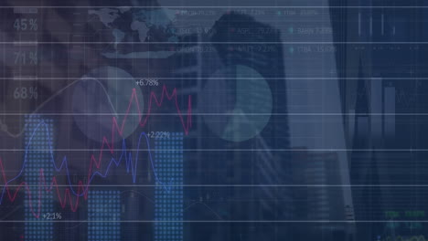 Animation-Der-Statistik--Und-Börsendatenverarbeitung-Vor-Dem-Hintergrund-Hoher-Gebäude