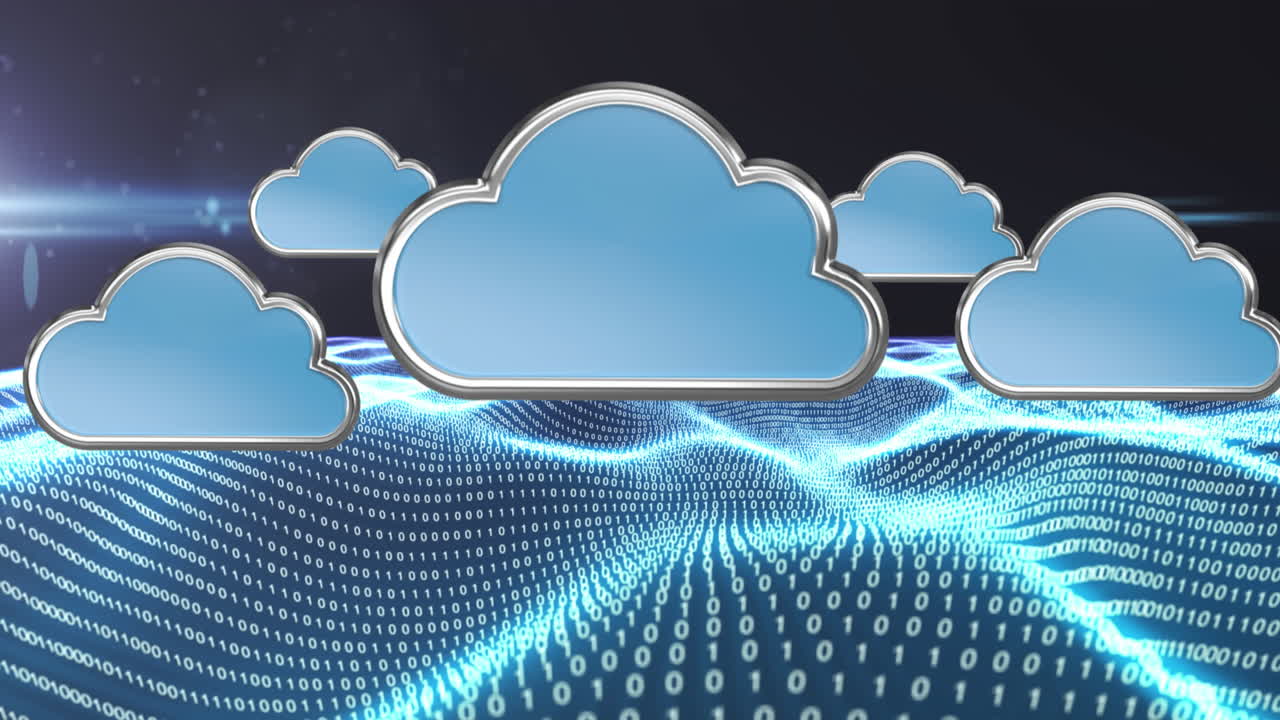 animación de iconos de nubes flotantes con un terreno hecho de números