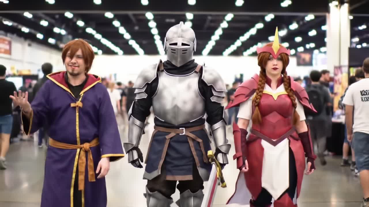 A Vibrant Display of Fantasy Characters: A Group of Cosplayers Showcasing Their Stunning Outfits in a Bustling Convention Hall