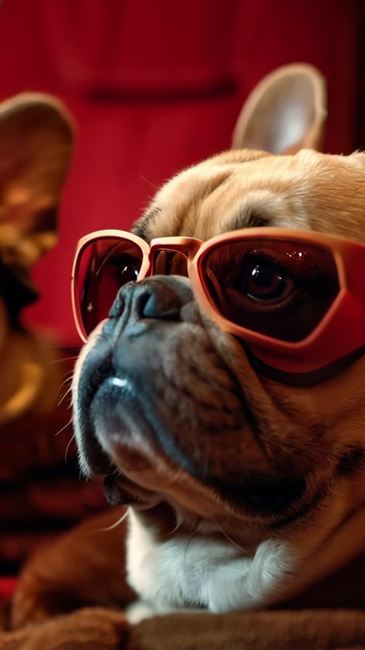 Two dogs wearing sunglasses and sitting in a theater. Scene is lighthearted and playful