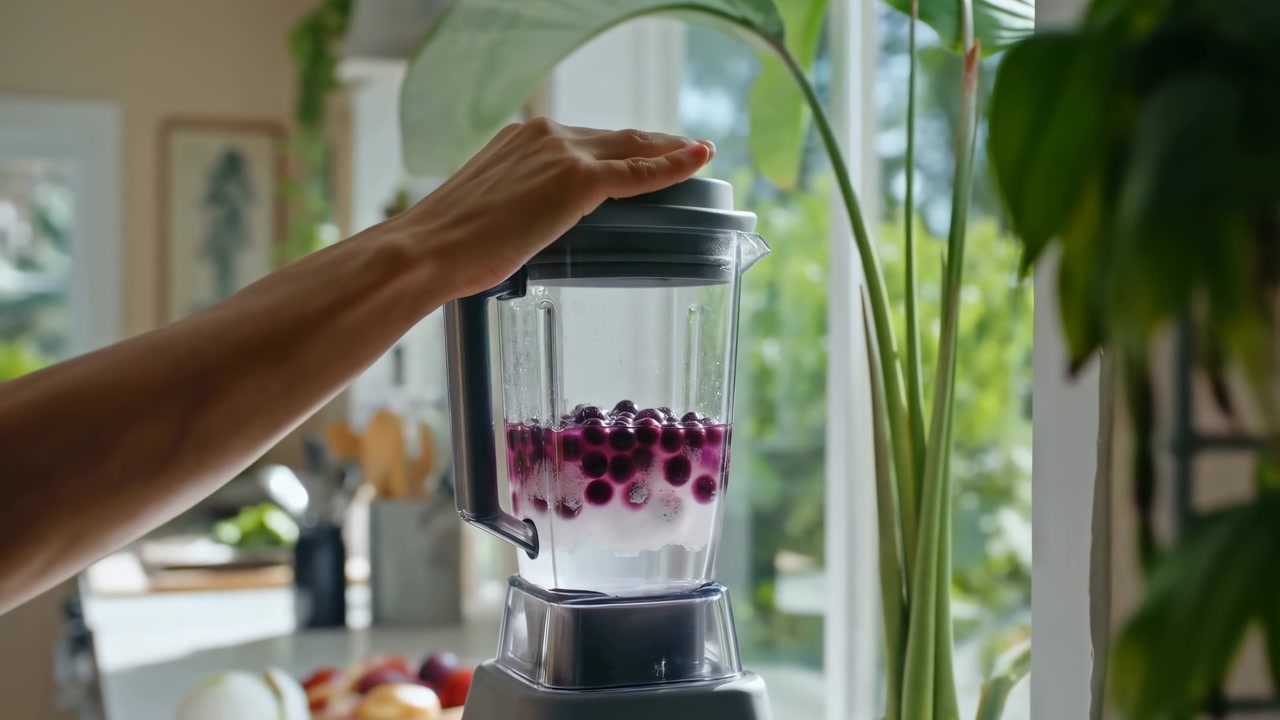 En hånd plasserer lokket på en benkeplateblender fylt med bær i et solfylt kjøkken, med grønne potteplanter, frisk frukt og et rent hjemmeinteriør i