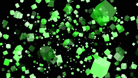 3d floating flying spinning cube shape square animation movement in space on black background visual effect geometric pattern colour green