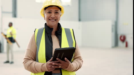 Tablet,-smile-and-construction-with-woman