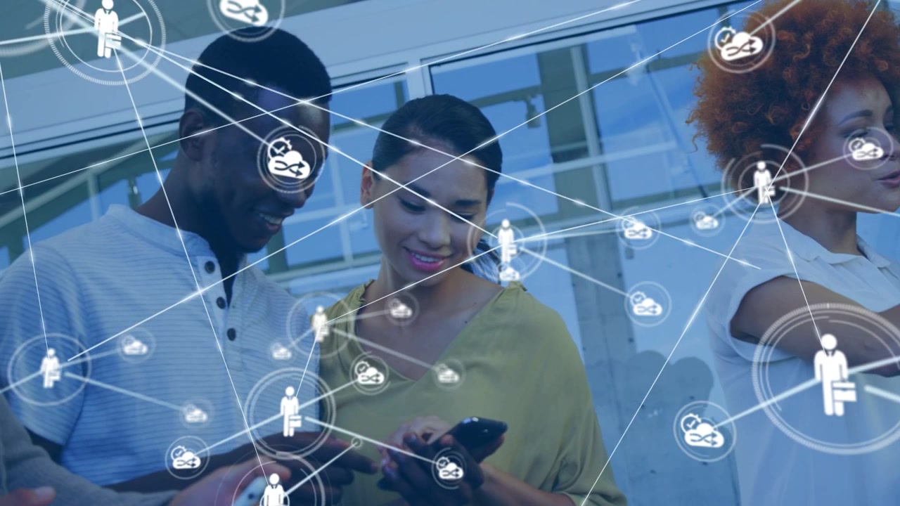 Centered woman pointing phone, starting tech overlay linking phones and tablet while collaborating