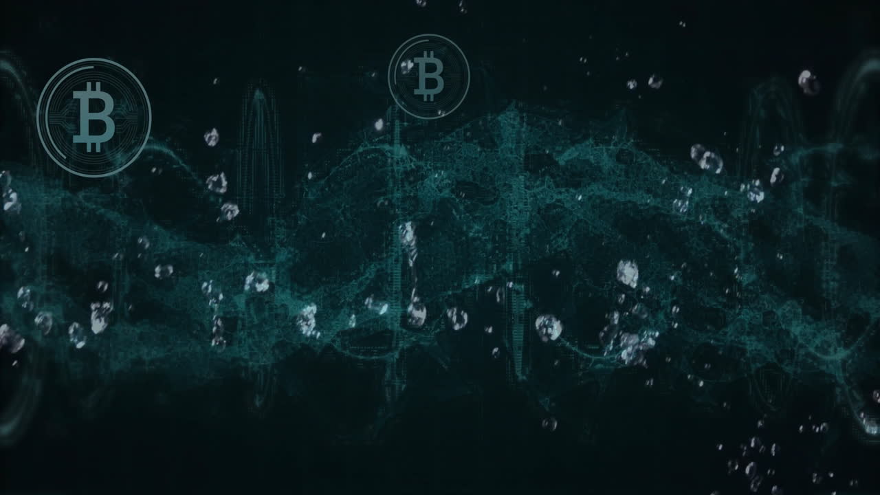 símbolos de bitcoin y animación de la red blockchain sobre fondo digital con partículas flotantes