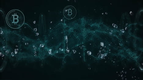 bitcoin symbols and blockchain network animation over digital background with floating particles