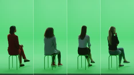 colage de pantalla verde 4-en-1: cuatro mujeres hermosas de diversos orígenes, etnias, edades diferentes, estilo sentadas en la silla de llave cromática. vista lateral trasera pantalla dividida. múltiples clips mejor paquete de valor