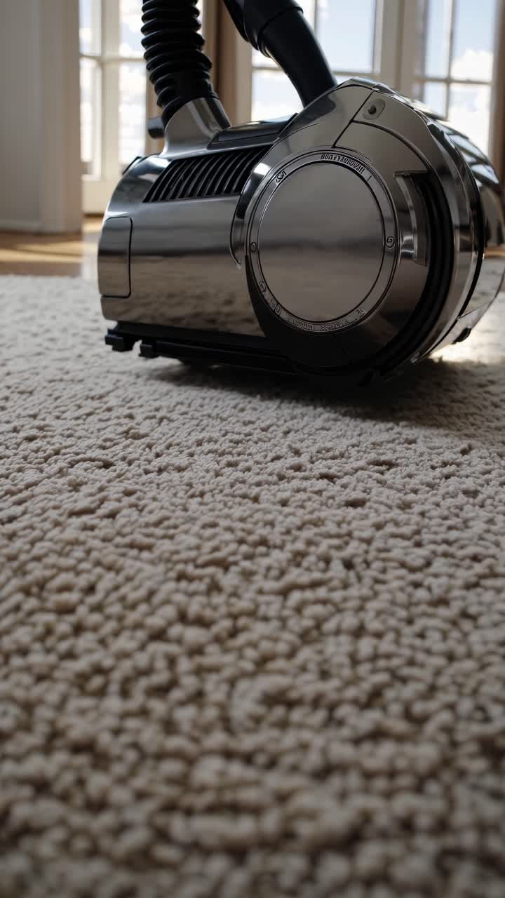 Close-up, low-angle shot of a vacuum cleaner on a textured carpet, highlighting modern design