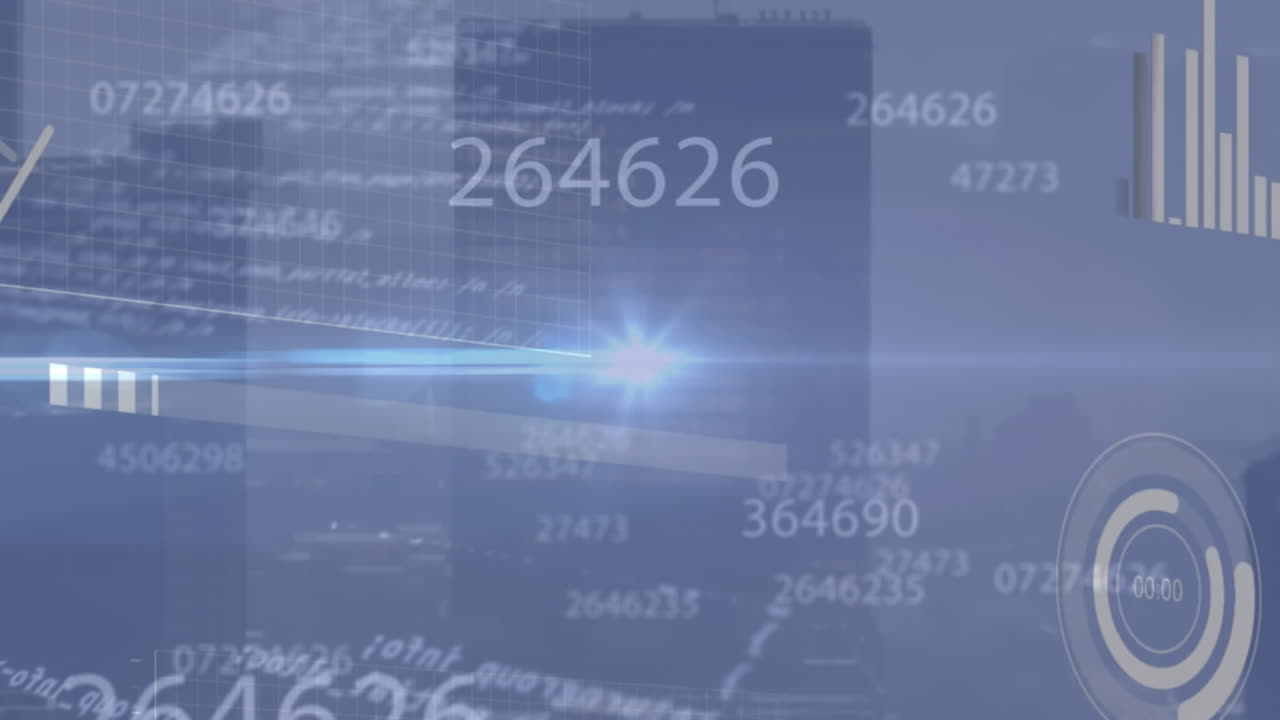 Animation of changing numbers and blue light spot over statistical data processing against cityscape