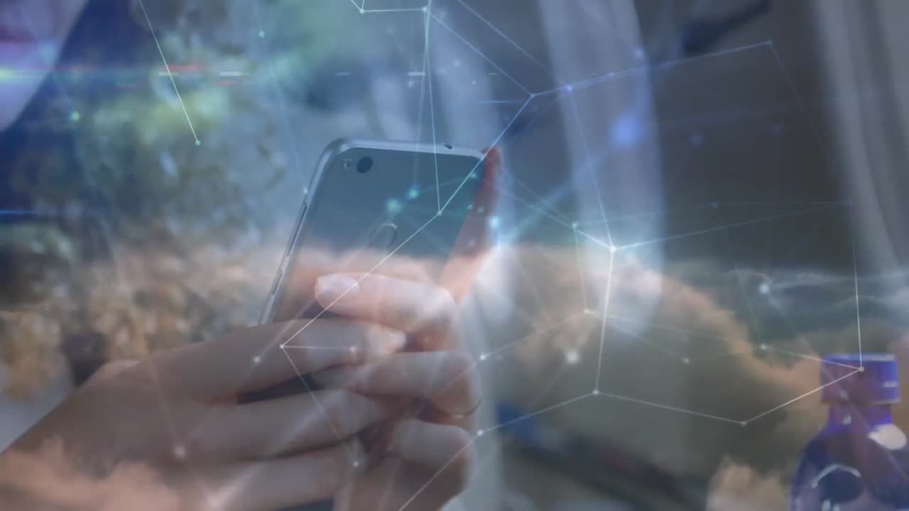 Animation of networks of connections over caucasian businesswoman using smartphone on plane