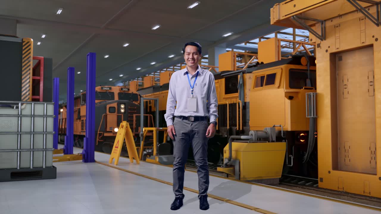 Inquadratura completa di un lavoratore professionista asiatico in piedi, ingegnere addetto alla manutenzione dei treni in un deposito, guarda la camera e sorride