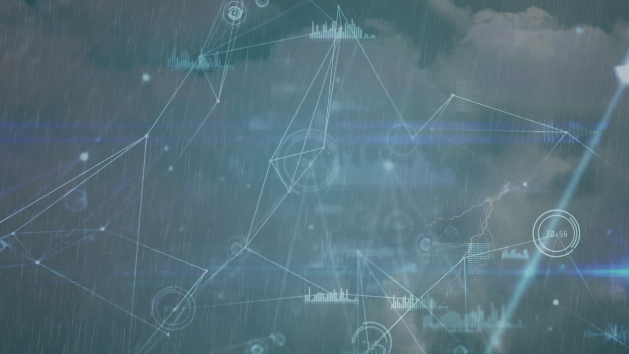 연결 네트워크의 애니메이션과 구름이 가득한 하늘에서의 데이터 처리