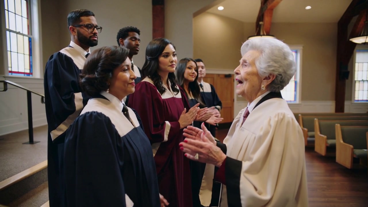 Mulher idosa falando e gesticulando após a saudação do coral na igreja, com vestes do coral, veste clara e espaço para texto.