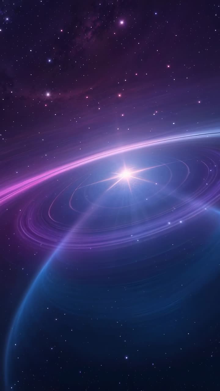 Vertical video: Radiating bright star lighting ringed planet in space, with nebula, distant stars