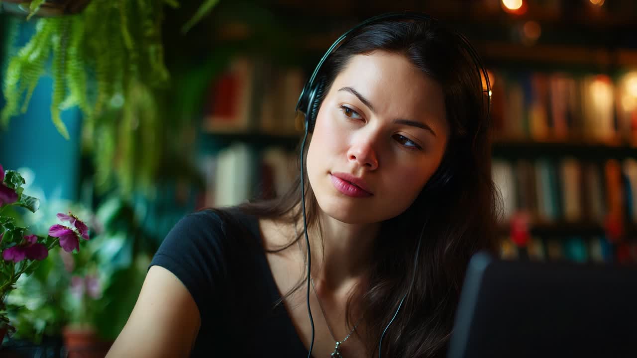 Focused Young Woman with Headphones Engaged in Work at a Cozy Indoor Space Surrounded by Plants and Books, Capturing the Serene Atmosphere of Creativity and Concentration