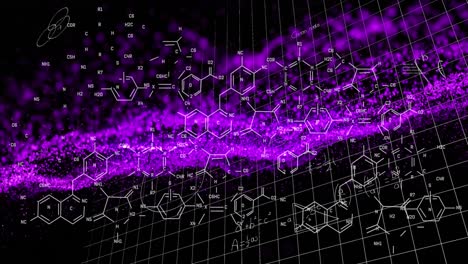 animación de ecuaciones matemáticas, estructuras moleculares sobre puntos que forman ondas dinámicas
