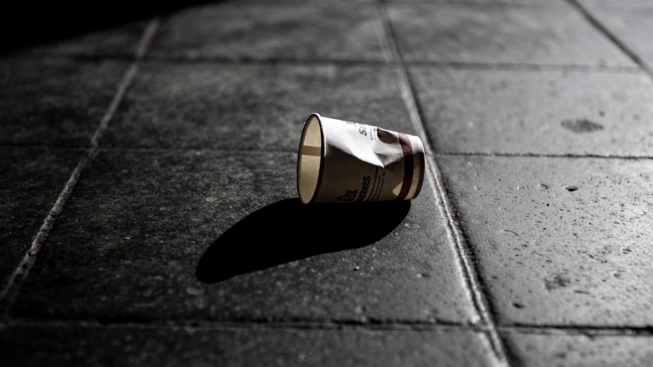 Rolling crumpled paper cup settling on tiled walkway as camera shifting, casting shadow, copy space