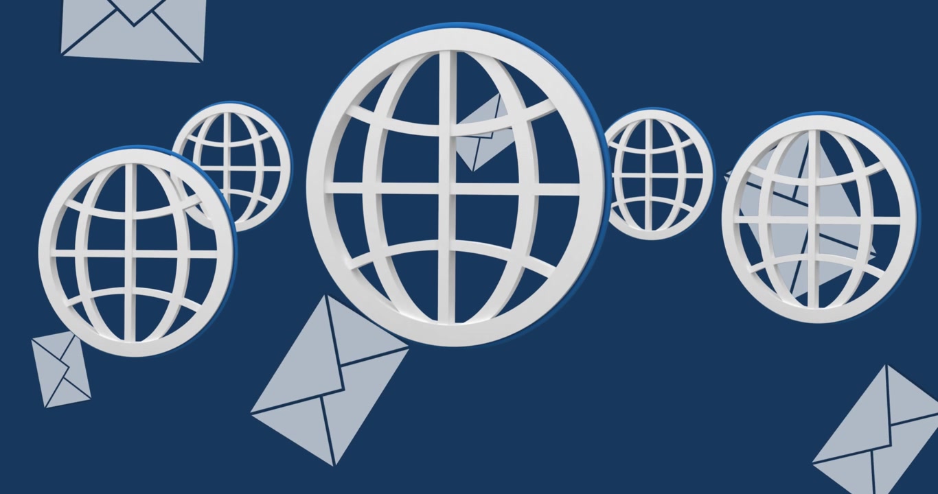 Animazione di globi ed email su sfondo blu navy.