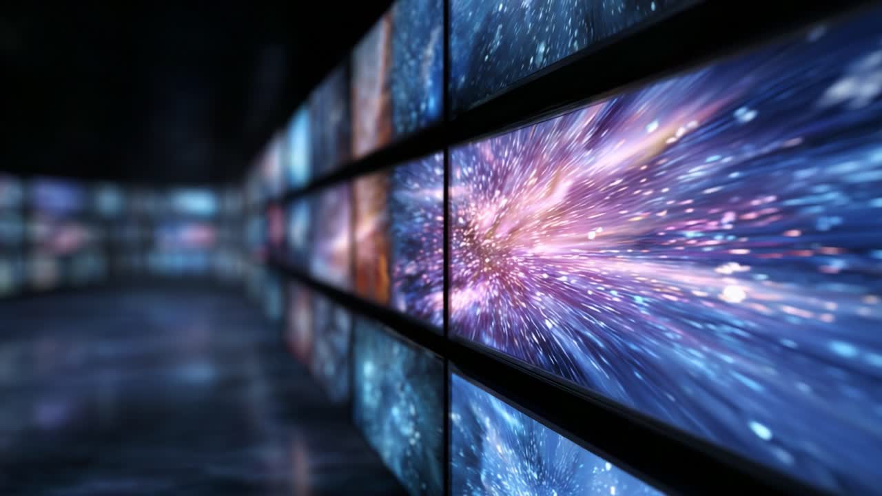 Un affascinante viaggio visivo attraverso una serie di schermi vivaci e dinamici che mostrano temi cosmici vasti, mettendo in risalto l'esplorazione dello spazio profondo e immagini ricche di colori.