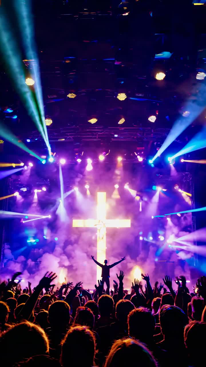 Una scena dinamica di un concerto con una luce a forma di croce, colori vivaci e una folla