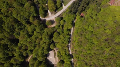 montaña, bosque verde en primavera, hoteles y lago tomados de drones