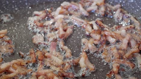 bacon sizzling in a hot pan, showing crispy pieces frying and bubbling in the oil