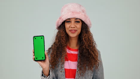 green screen, phone and woman with perfect sign