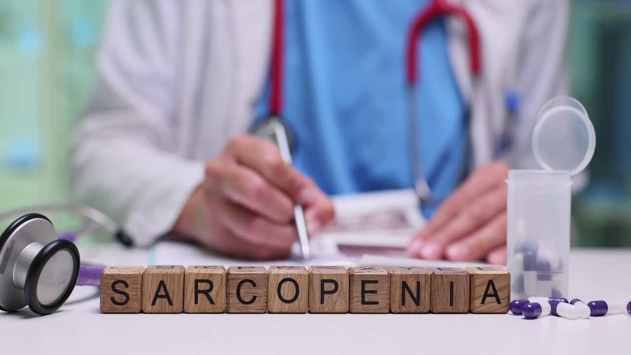 Médico Escrevendo com Blocos de Palavras Sarcopenia e Comprimidos