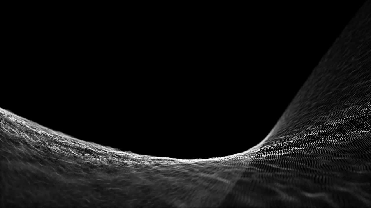 A digital landscape of white particles forms a flowing, curved valley on a black background. For technology or data concepts. Seamless loop