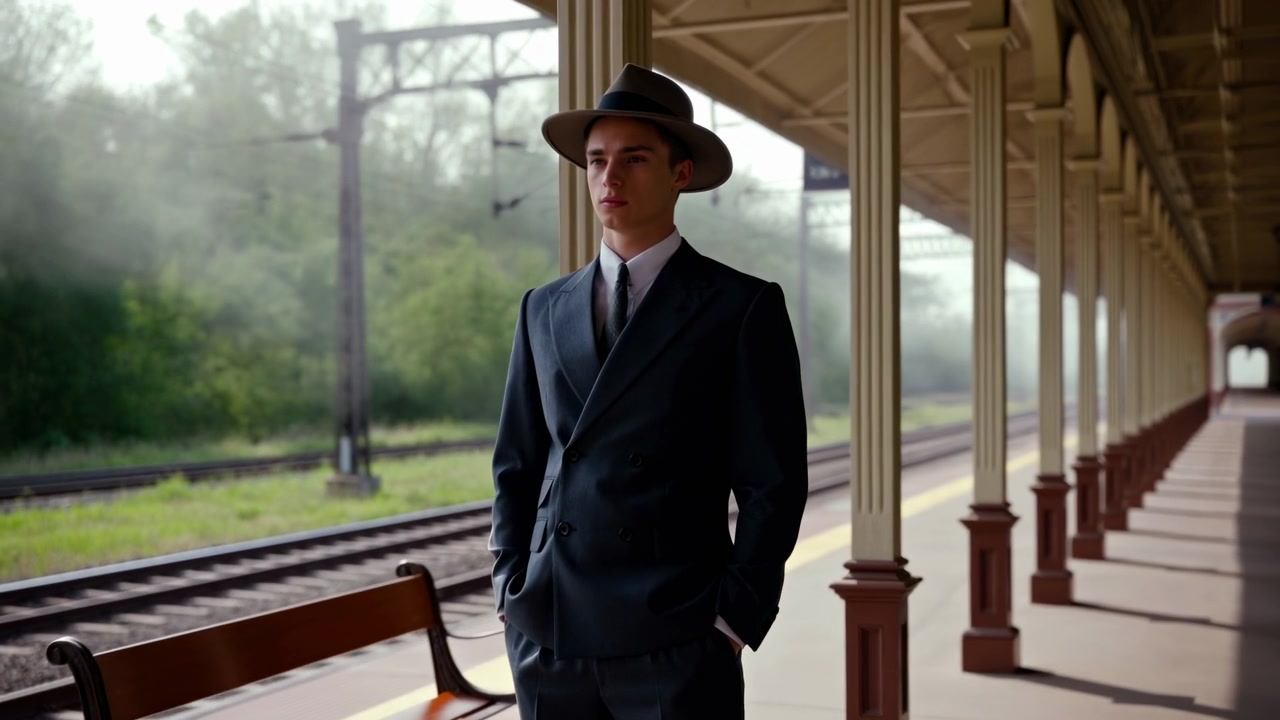 Giovane uomo caucasico in abito vintage che aspetta su una storica banchina della stazione, mani in tasca accanto a una panchina di legno