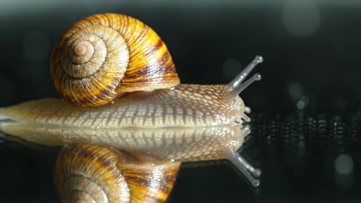 A Glimpse into the Beautiful World of Snails: Captivating Close-Up of a Snail with Shell on a Glossy Surface, Showcasing Its Intricate Patterns and Reflective Surface