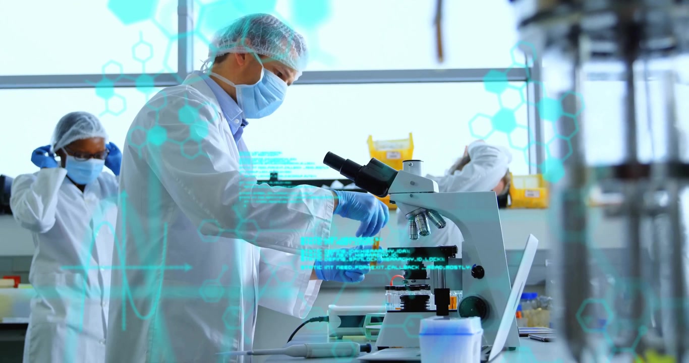 Lab scientist entering, placing vial for analysis while overlays guiding colleague securing eyewear