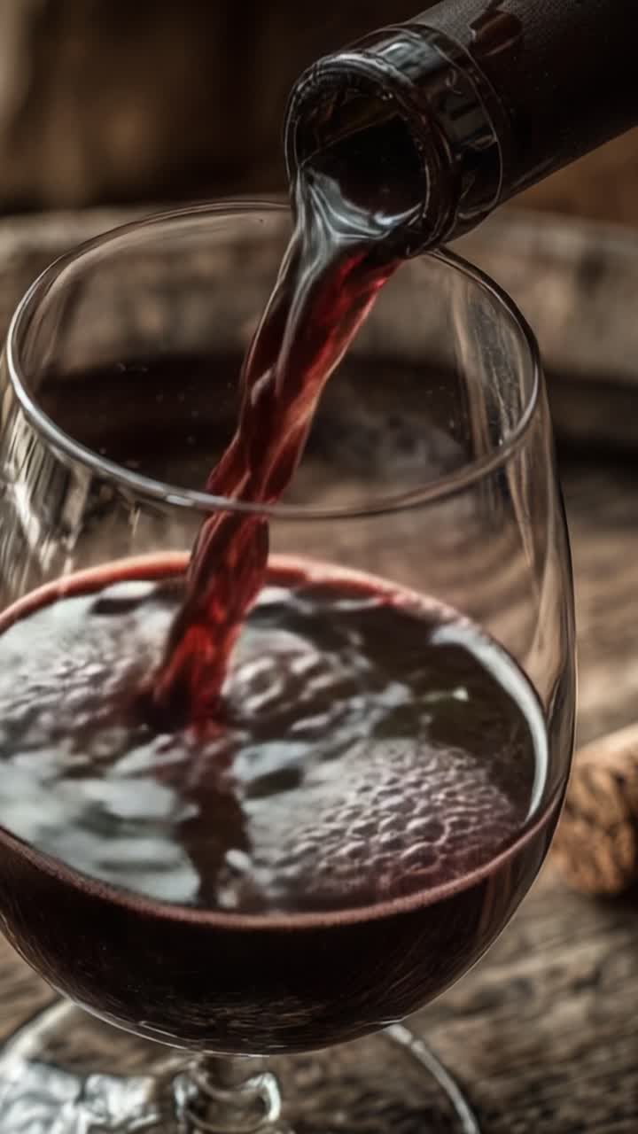 Captar la esencia del vino: un vertido perfecto en una copa, que muestra el color rojo intenso y las burbujas de esta deliciosa bebida.