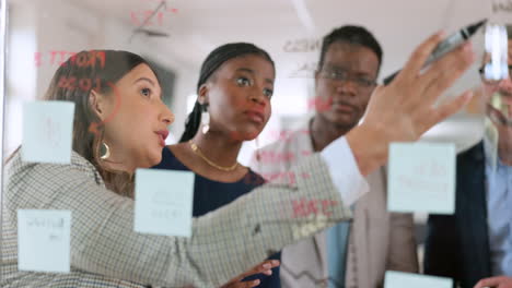 idea, notas adhesivas o gente de negocios en la reunión
