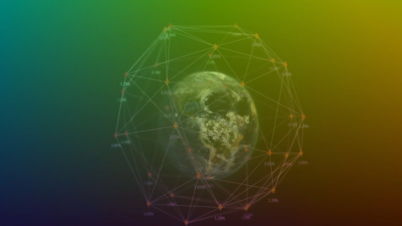 Animazione di una rete di connessioni su un mappamondo rotante su sfondo sfumato verde