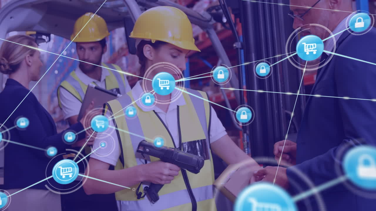 디지털 아이콘 네트워크 백인 여성 노동자가 창고에서 스캐닝 장치를 사용하는 것을 반대합니다.